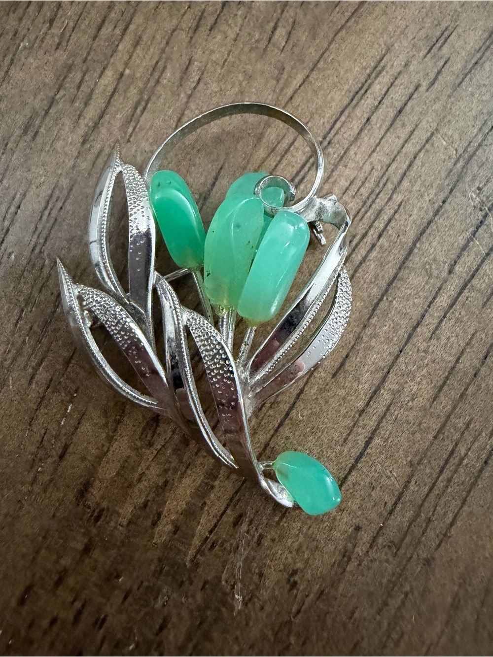 Vintage floral spray Brooche with green stone Cabachon set in sterling silver
